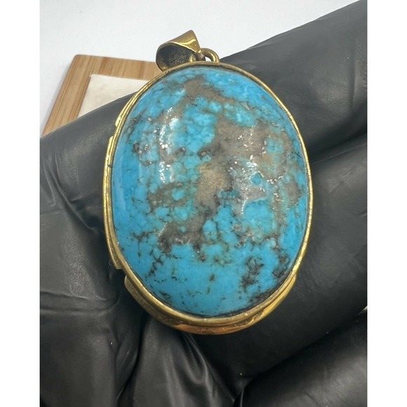 Natural Turquoise Pendant Metal Brass Handmade With Rope - Picture 3 of 11